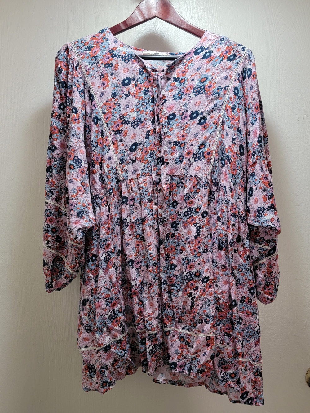 NATURAL LIFE Pink Floral Mini Dress with Navy and Coral Accents